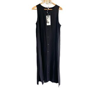 Eileen Fisher Icons The Duster Black Silk Georgette Crepe Button Front Dress L